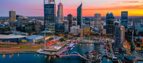 Sydney skyline of the financial district at dawn.