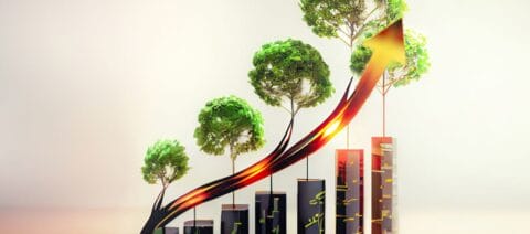 Bar chart represented as skycrapers, with trees growing progressively from smallest to largest