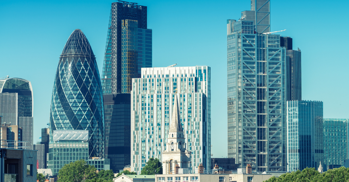 Skyline of the financial city of London with the iconic Gerkhin in the middle.